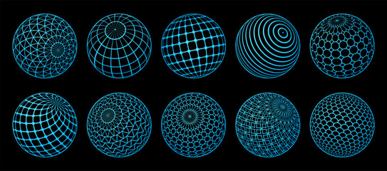Abstract shapes. Line globe. 3D planet orb. Tech model. Earth ball. Outline grid with dot. Wireframe technology. Digital mesh. Geometric round figure. Wire network. Neon polygon. Vector circles set