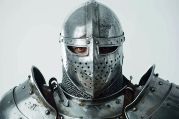 Fototapeta premium Knight with piercing eyes and polished armor, isolated on white