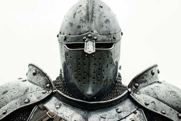Fototapeta premium Knight with piercing eyes and polished armor, isolated on white