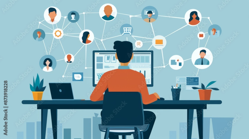 Poster home office remote work: professional man using laptop for business networking and global communicat