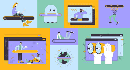 World wide web search bento grid illustration set. Surfing online 2D vector image collage design graphics collection. Multinational people browsing internet flat characters moodboard layout