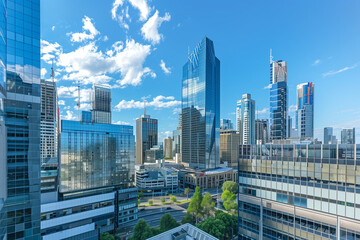 Drone View of City Office Buildings Beneath Blue Skies and White Clouds