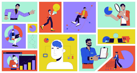 Data analytics people bento grid illustration set. Graph charts analysis 2D vector image collage design graphics collection. Multicultural adults statisticians flat characters moodboard layout