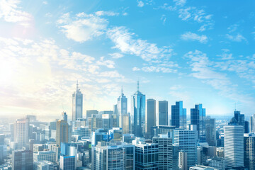 Drone View of City Office Buildings Beneath Blue Skies and White Clouds