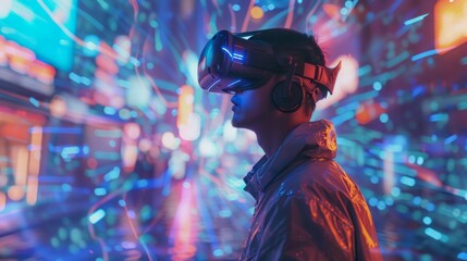 Naklejka premium Metaverse digital cyber world technology, man using vr goggles for ar game and business meeting, futuristic lifestyle