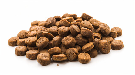 Dry dog ​​food shown on a white background, in the form of evenly distributed granules. Its balanced composition supports the healthy development and energy of your pet.