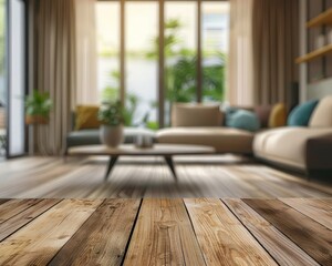 Scandinavian living room ambiance with sofa and armchair blurred behind a wooden table top. Perfect for creating a cozy and inviting atmosphere