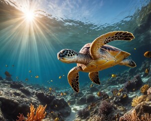 Fototapeta premium turtle swimming in the ocean, underwater, summer vibes AI