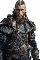 Heroic Viking man in detailed armor, isolated on a white background