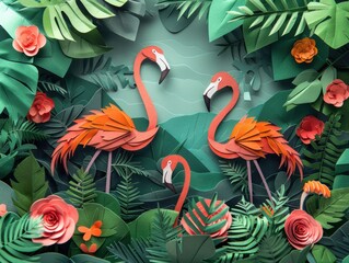 Flamingos wading in a paper cut zoo pond.