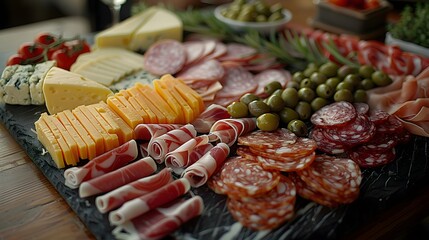 Appetizing Charcuterie Board with Variety of Meats and Cheeses