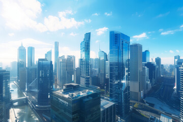 Fototapeta premium Drone View of City Office Buildings Beneath Blue Skies and White Clouds