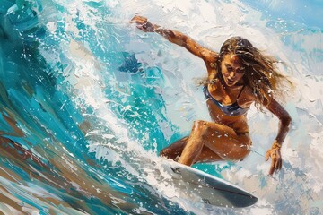 Surfer Girl Riding a Perfect Wave.
