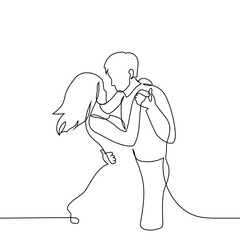 woman and man dance clinging to each other very close - one line art vector. concept heterosexual couple dancing