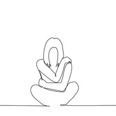 woman sitting on the floor hugging herself - one line art vector. concept abandonment, loneliness, loss of self, dissociation