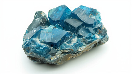 A sample of apatite is visible on a white background, the smoothed surface of which reveals the richness of blue tones.