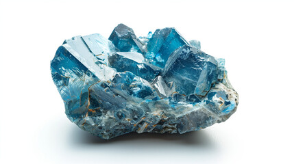 A sample of apatite is visible on a white background, the smoothed surface of which reveals the richness of blue tones.