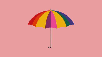 A colorful umbrella with a black handle on a pink background, perfect for brightening up any scene