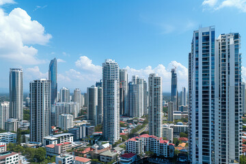 Drone View of City Office Buildings Beneath Blue Skies and White Clouds