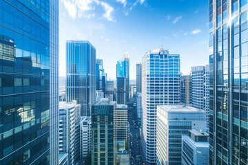 Obraz premium Drone View of City Office Buildings Beneath Blue Skies and White Clouds