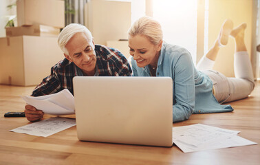 Moving in, laptop and blueprint with couple for home renovation, project and interior design. Discussion, property development and paperwork of mature people together with tech for house update plan