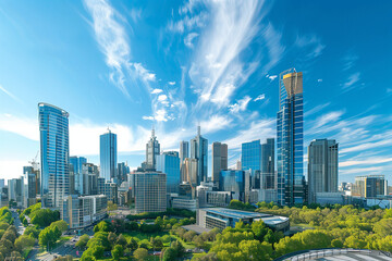Obraz premium Drone View of City Office Buildings Beneath Blue Skies and White Clouds