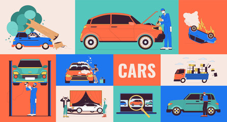 Cars in daily life bento grid illustration set. Drivers, mechanics 2D vector image collage design graphics collection. Multicultural people with vehicles automobiles flat characters moodboard layout