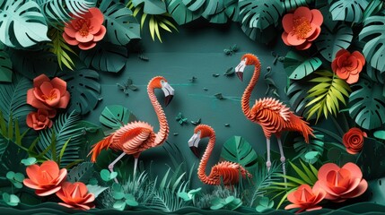 Flamingos wading in a paper cut zoo pond.