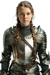 Fototapeta premium Portrait of a noble young lady warrior in medieval armor, isolated on white