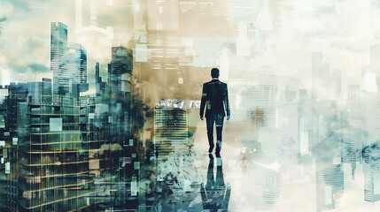 Dynamic modern business lifestyle concept featuring professional team collaborating in contemporary office with digital devices and mixed media elements, showcasing innovation and productivity in corp