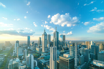 Drone View of City Office Buildings Beneath Blue Skies and White Clouds