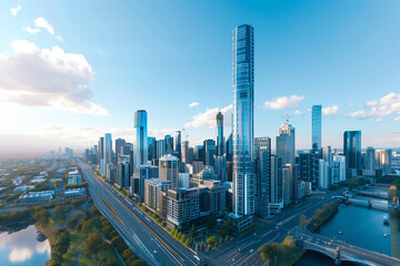 Drone View of City Office Buildings Beneath Blue Skies and White Clouds