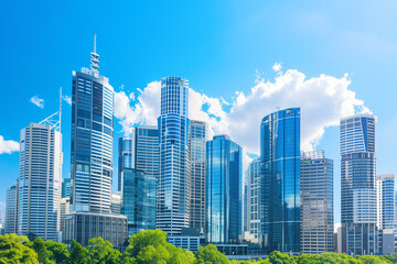 Fototapeta premium Drone View of City Office Buildings Beneath Blue Skies and White Clouds