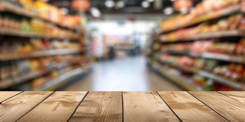 Obraz premium Empty Wooden Table with Blurred Supermarket Background for Product Display, Seasonal Discount and Shopping Spree, High-Resolution AI-Generated Wallpaper