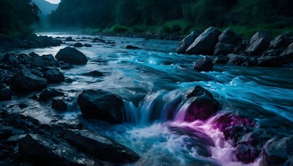 Neon dark blue and purple colors, a river with rushed, powerful, forceful water, breaking rocks and gushing down