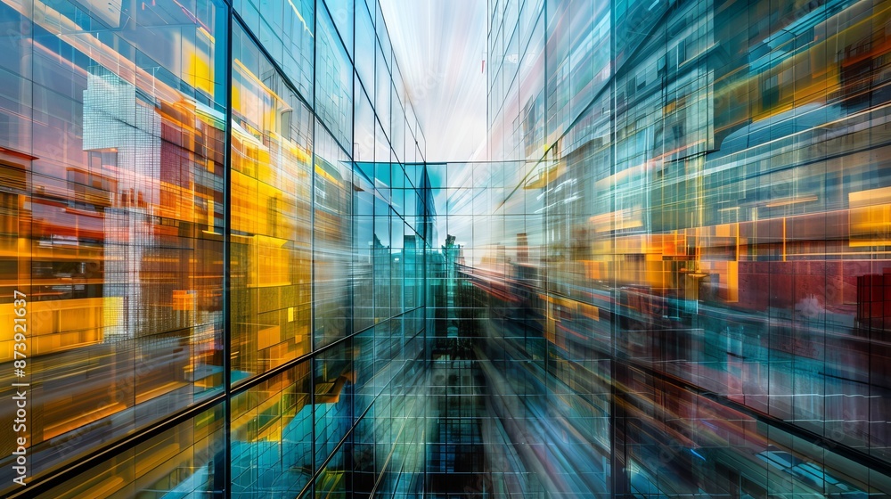 Poster dynamic multiple exposure of modern glass structures: abstract architectural elements for business p