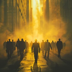 Mysterious Morning Businessman in Foggy City Street