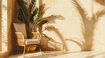 Fototapeta premium Minimalist Wicker Chair Tall Vase Plant Sunlit Modern Interior Design