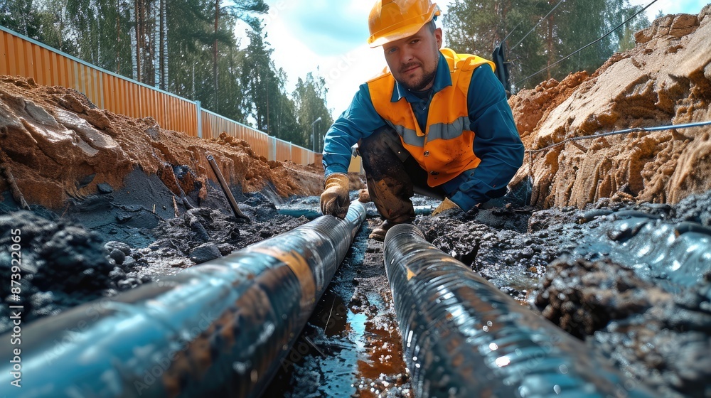 Leinwandbilder worker installing drainage system for the private site. generative ai.