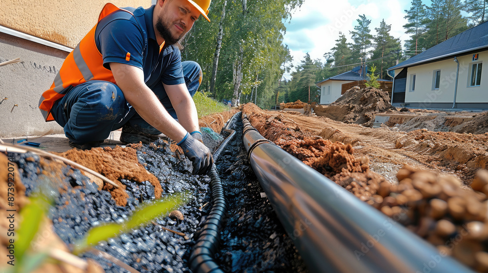 Leinwandbilder worker installing drainage system for the private site. generative ai.