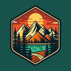 A mountain landscape with a mountain and trees, adventure vector graphic t-shirt design