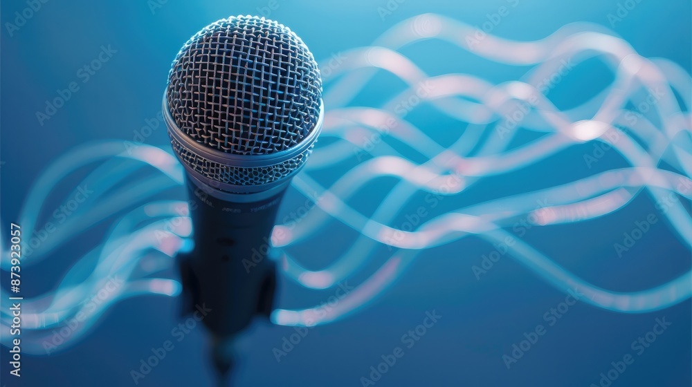 Poster microphone, dynamic microphone with flowing waveforms on a baby blue background. generative ai.