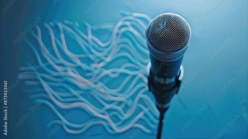 Aufkleber Microphone, Dynamic microphone with flowing waveforms on a baby blue background. Generative AI.