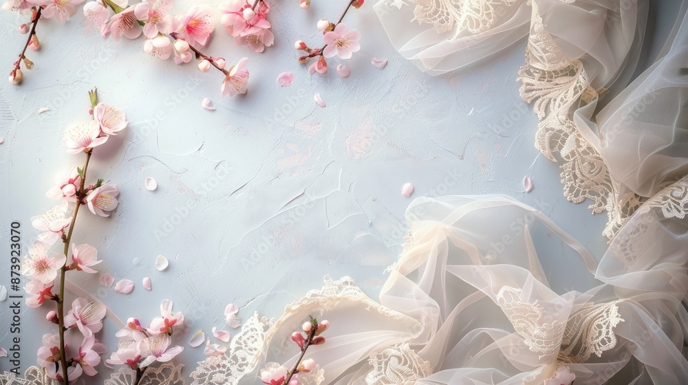 Poster spring themed background with vintage elements and soft colors cherry blossom branch lace and satin 