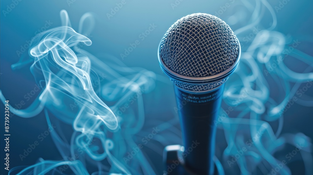Poster Microphone, Dynamic microphone with flowing waveforms on a baby blue background. Generative AI.