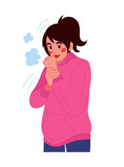 Cold weather. Freezing woman. Girl shivering and suffering from frost. Winter season. Warm outerwear. Low temperature. Unhappy trembling person. Frosty breath steam. Wintertime clothes. Vector concept