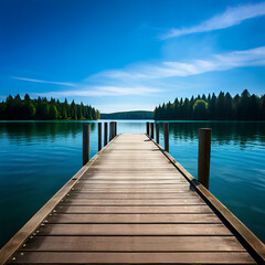 Obraz premium Wooden pier extending into calm lake under blue sky 