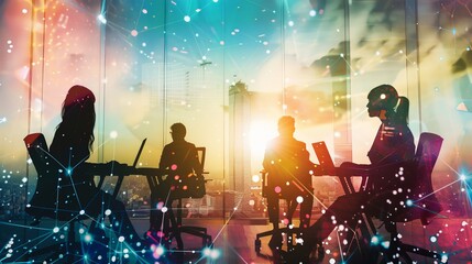 Business network background with business people silhouettes working in modern office setting, featuring double exposure and network effects for professional collaboration and digital communication co