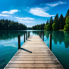 Obraz premium Wooden pier extending into calm lake under blue sky 