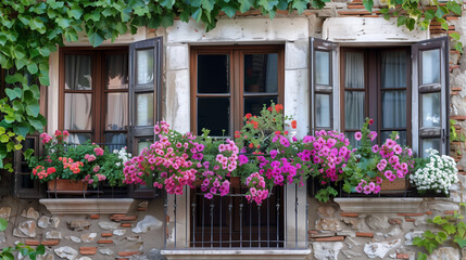 the facade of an old building with windows and balconies in colors in Italy, Tuscany or France